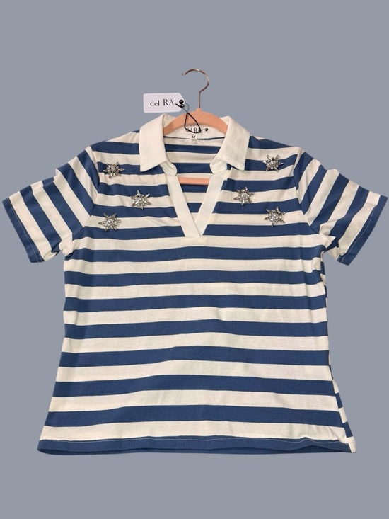 del Ra Tops - Del Rā Embellished Striped Polo Top Blue White Size M